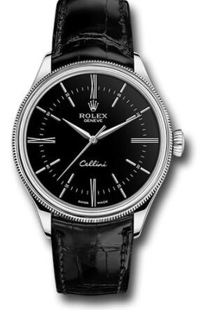 Replica Rolex Cellini Time Watch 50509 White Gold Black Dial Black Leather Strap